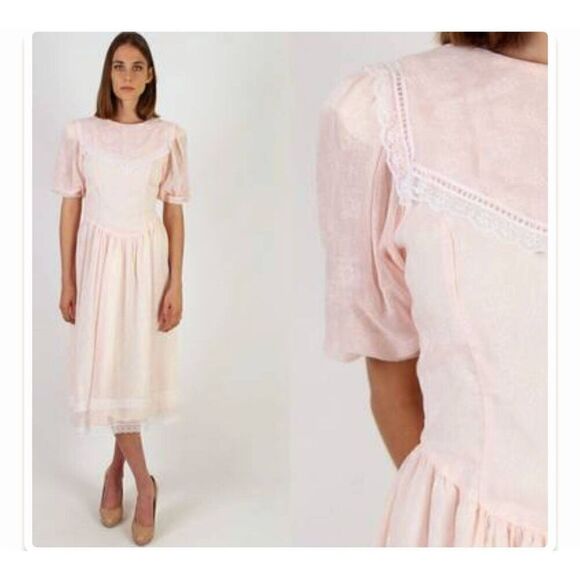 Gunne Sax 80's Romantic Lace Pink Dress L - Picture 1 of 10